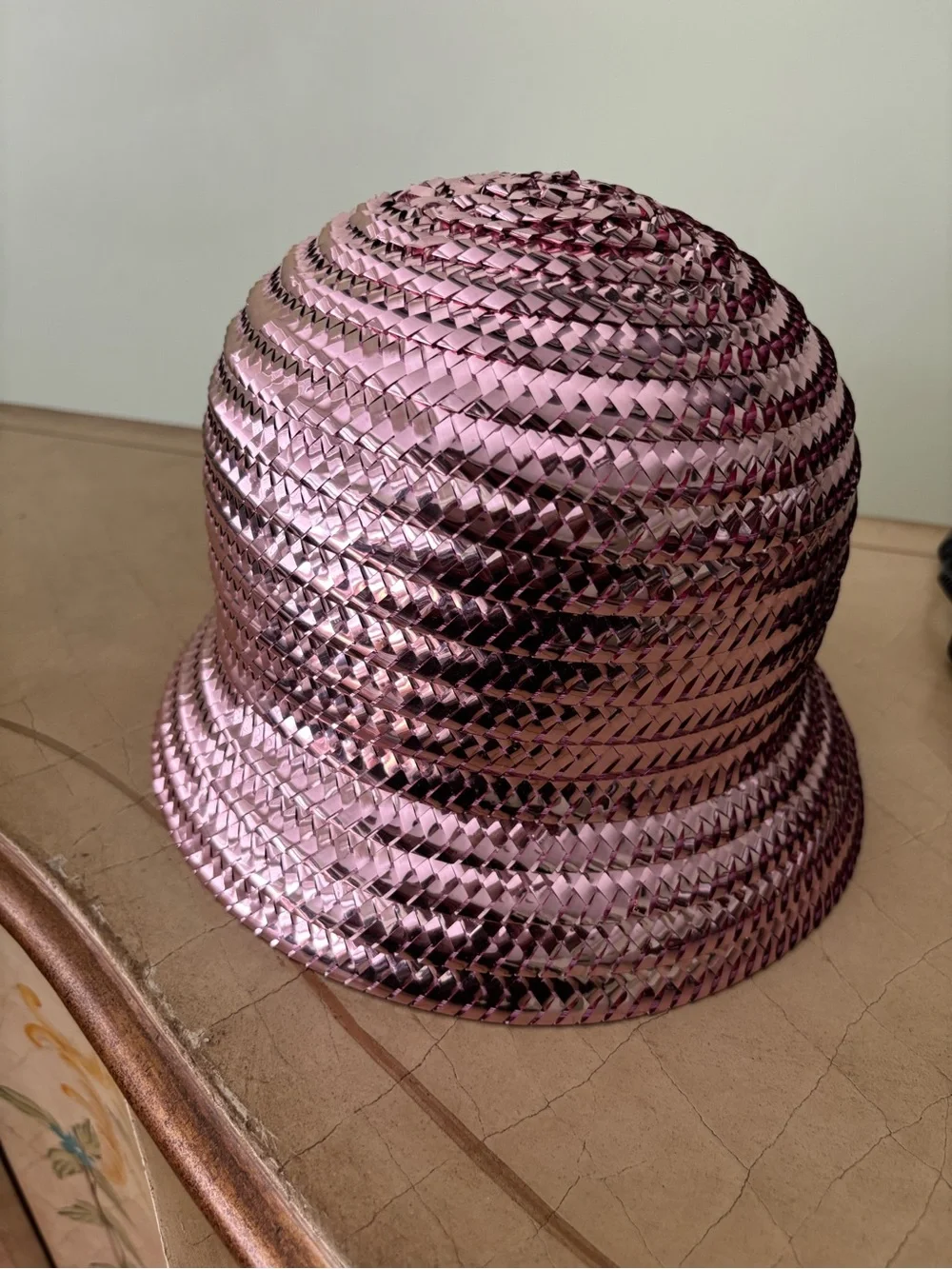 Anthropologie Metallic Rose Pink Braided Bucket Hat